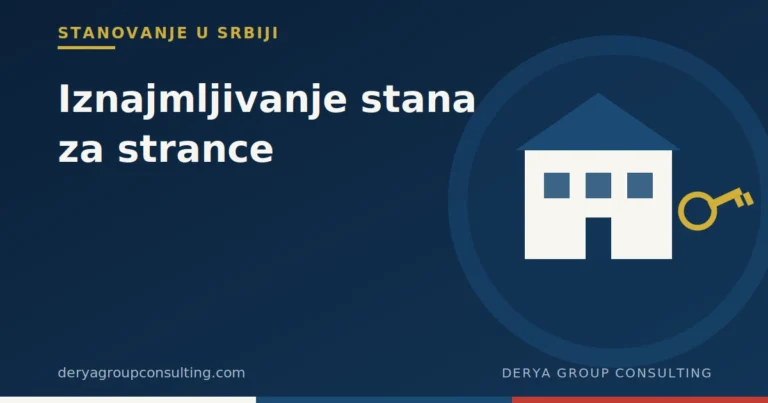 Ilustracija zgrade i ključa, simbol iznajmljivanja stana za strance u Srbiji