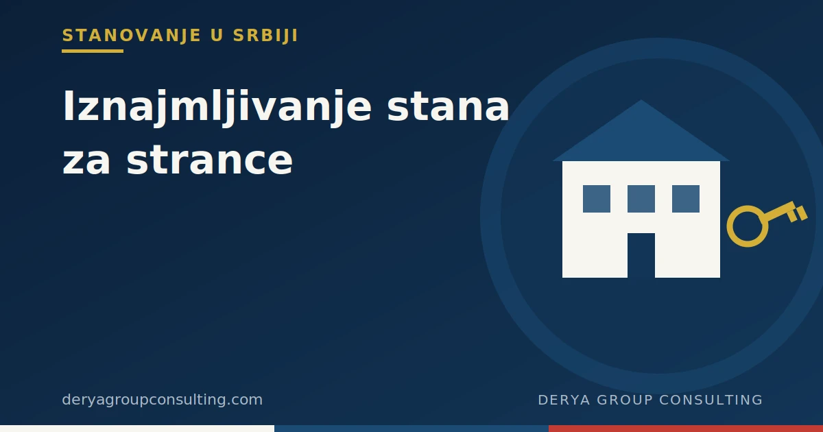Ilustracija zgrade i ključa, simbol iznajmljivanja stana za strance u Srbiji