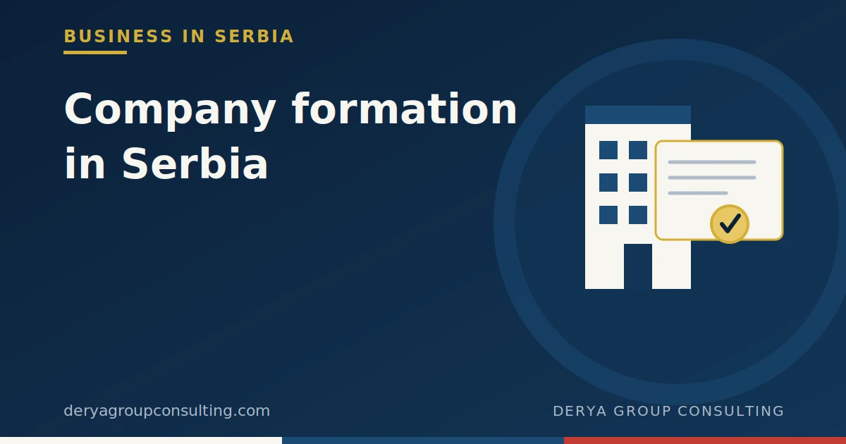 Illustration of a business building and a registration certificate, symbolizing company formation in Serbia