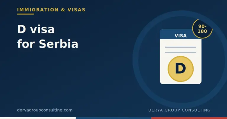 Illustration of a visa sticker marked with the letter D and a stay-duration badge, symbolizing the D visa for Serbia