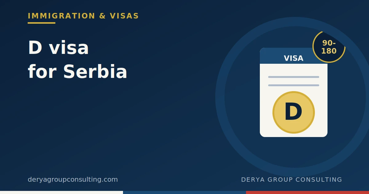 Illustration of a visa sticker marked with the letter D and a stay-duration badge, symbolizing the D visa for Serbia