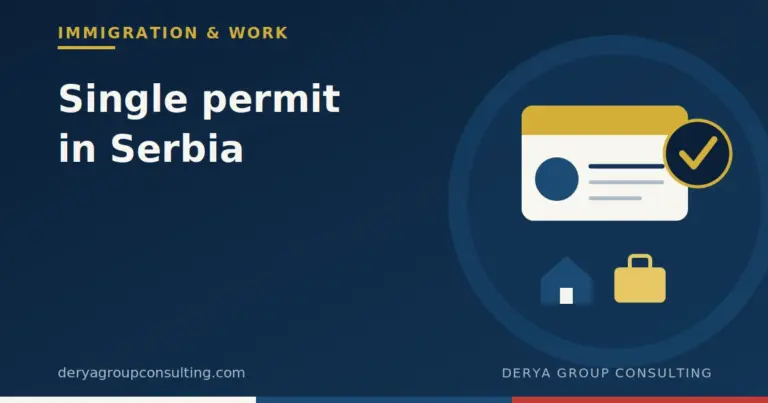 Illustration of an ID card with a check mark, a house and a briefcase icon, symbolizing the single residence-and-work permit in Serbia