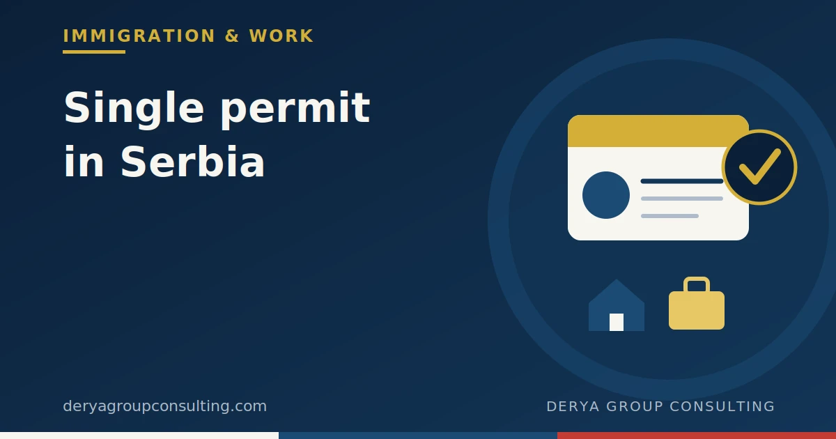 Illustration of an ID card with a check mark, a house and a briefcase icon, symbolizing the single residence-and-work permit in Serbia