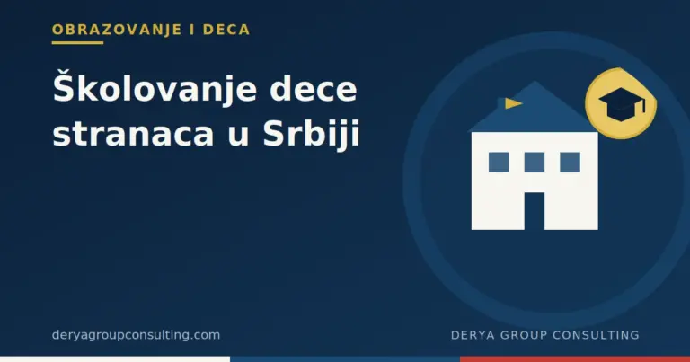 Ilustracija školske zgrade i diplomske kape, simbol školovanja dece stranaca u Srbiji
